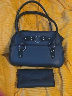 Riveted Women's Black Satchel, Matching Wallet - Classic Ring Accent - Handmade